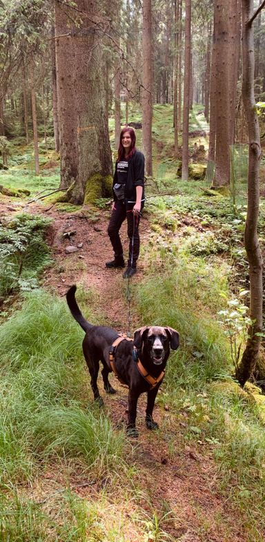 Waldwandern mit Hund an der Leine auf wurzeligen Wegen zwischen Fluss hindurch